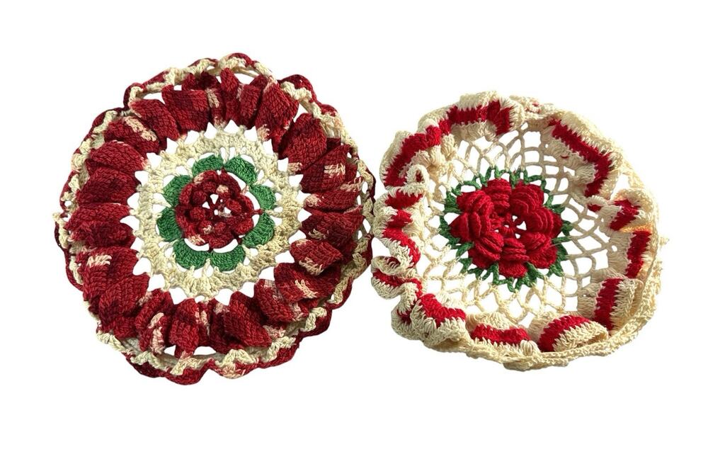 Vintage Handmade Crochet Ruffled Rose Doilies Set of 2 Red Green Cream Floral